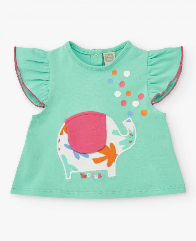 TucTuc Tropical Summer Conjunto Verde Para NiñaCon Camiseta De Elefante Y Braguita Blanca Con Hojas Tropicales