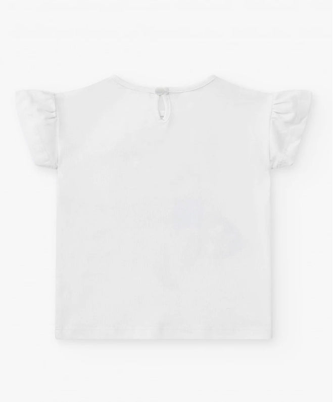 TucTuc Vacay Feelings Conjunto Camiseta Blanca Para Niña Con Loros Bordados Y Lentejuelas Con Skort De Estampado Frutal Y Volantes
