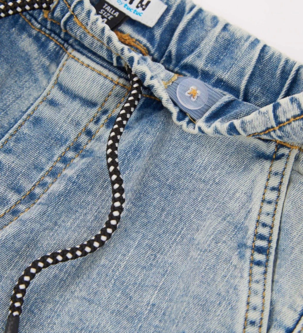 TucTuc NK Conjunto Niño Camisa Palmeras y Pantalón en denim azul lavado