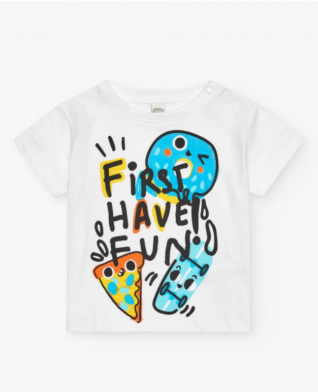 TucTuc First Have Fun Camiseta Para Niño En Blanco Con Pizzas Y Frases