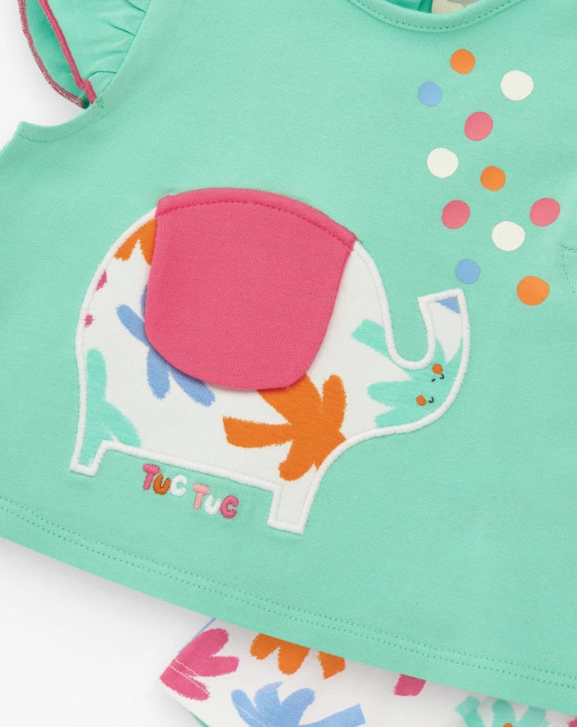 TucTuc Tropical Summer Conjunto Verde Para NiñaCon Camiseta De Elefante Y Braguita Blanca Con Hojas Tropicales