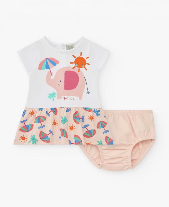 TucTuc Tropical Summer Conjunto Blanco Para Niña Con Vestido De Elefante Y Braguita Tropical