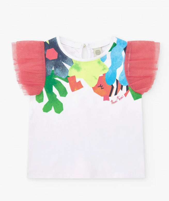 TucTuc Conjunto Para Niña Con Camiseta Blanca De Mangas De Tul Y Legging Rosa Con Falda De Tul. Colección: Color The Sea