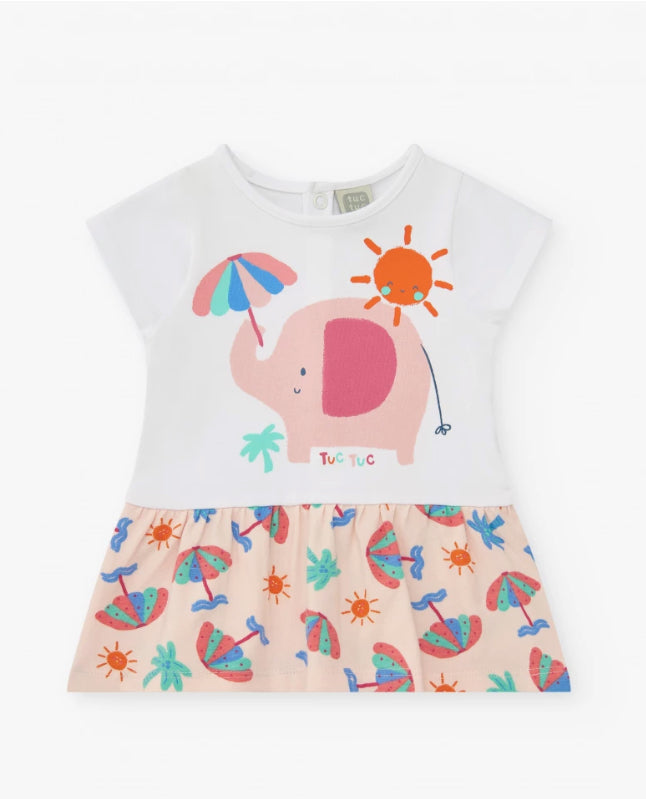 TucTuc Tropical Summer Conjunto Blanco Para Niña Con Vestido De Elefante Y Braguita Tropical