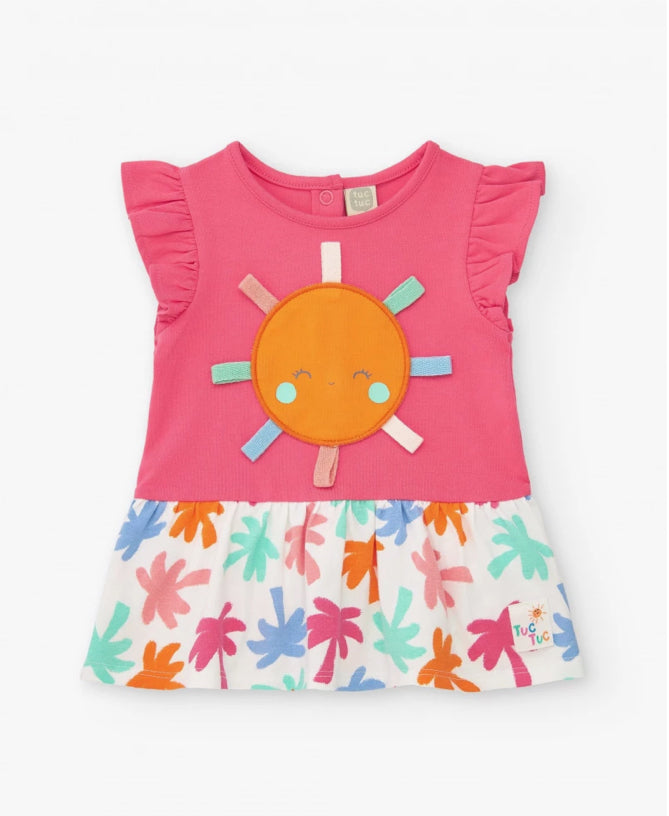 TucTuc Tropical Summer Conjunto Fucsia Para Niña Con Vestido De Sol Y Braguita Con Estampado Tropical