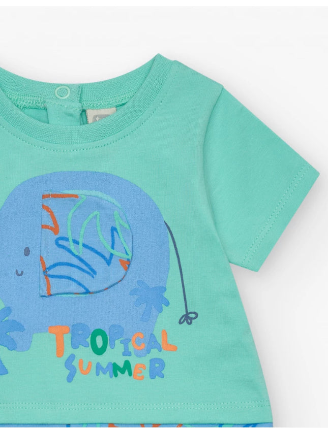 TucTuc Pelele Para Niño Con Estampado De Elefante Y Hojas En Tonos Azul, Verde Y Naranja