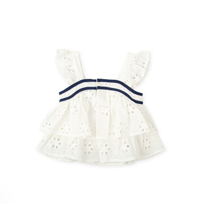 Tutto Piccolo Conjunto Top Lino Blanco Químico Y Short Rayas Azul Marino