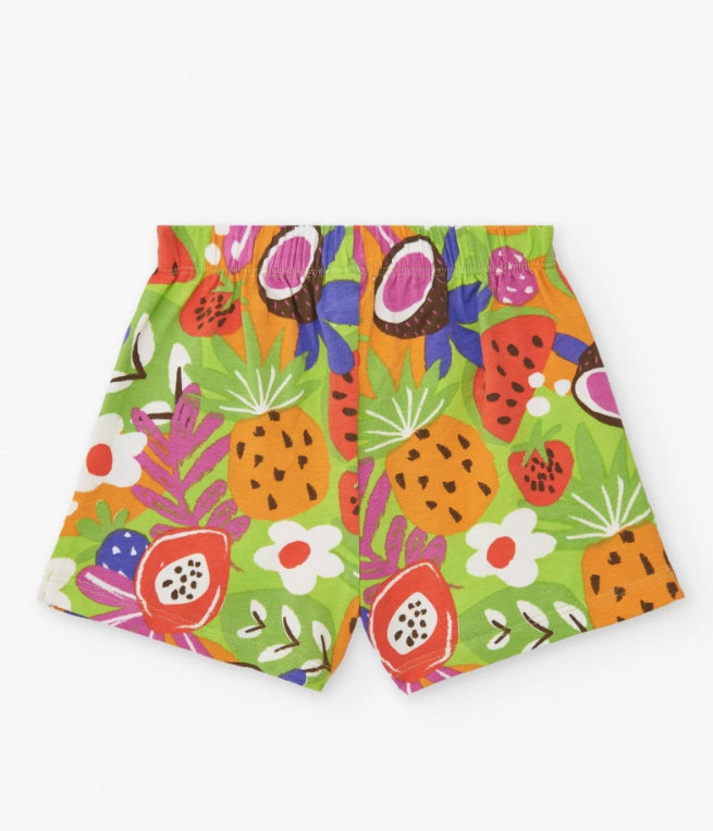 TucTuc Vacay Feelings Conjunto Camiseta Blanca Para Niña Con Loros Bordados Y Lentejuelas Con Skort De Estampado Frutal Y Volantes