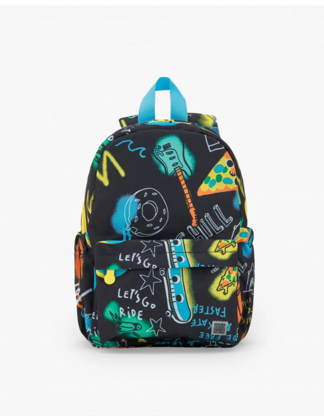 TucTuc First Have Fun Mochila Para Niño En Negro Con Estampado de Guitarras, Pizza Y Estrellas