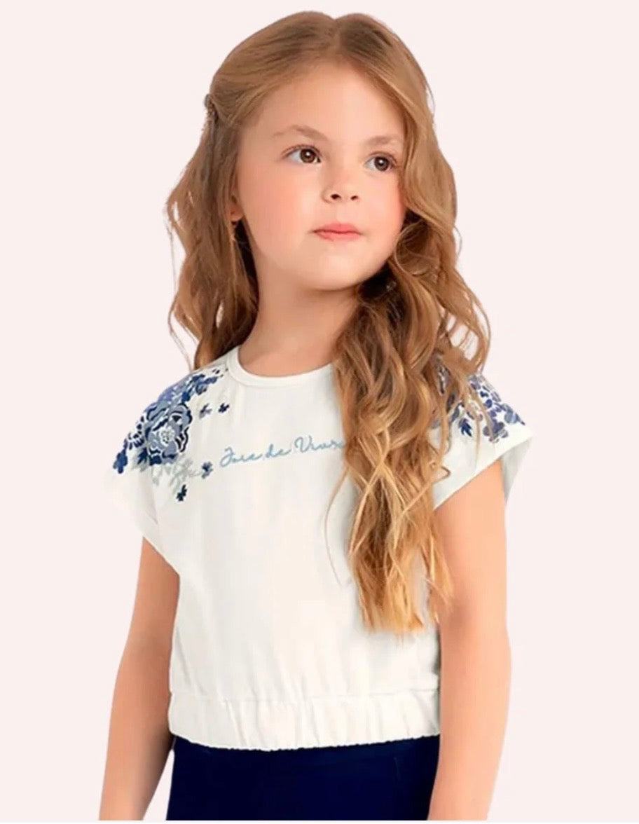 Milon Off White Blue Flower Crop- Top (Blusa Solamente)