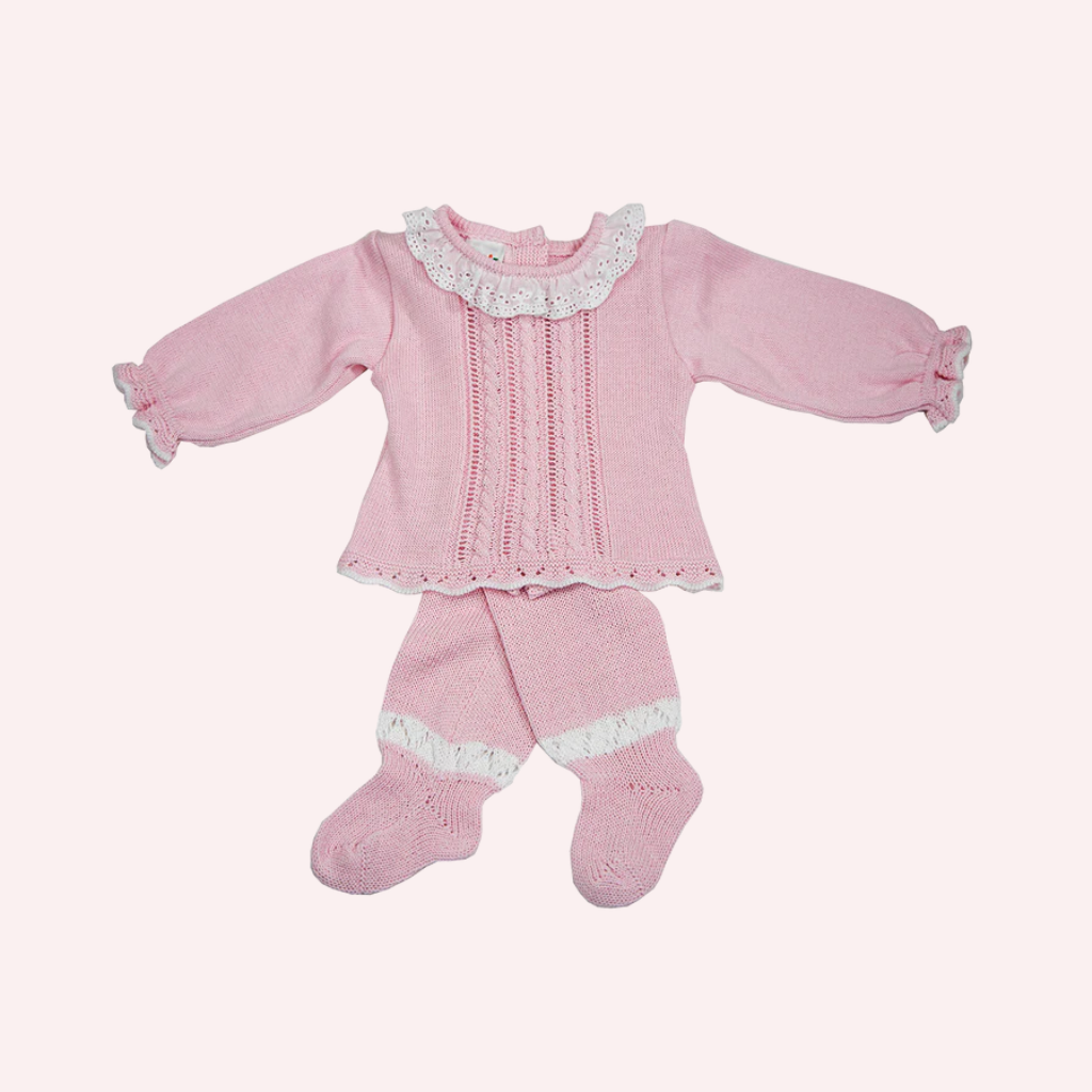 Karela Kids Pink Romper Set with White Collar and Knitted Hat
