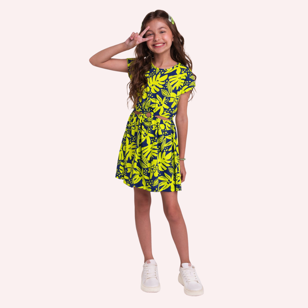 Kyly Blue and Lime Leaves and Flowers Printed Dress