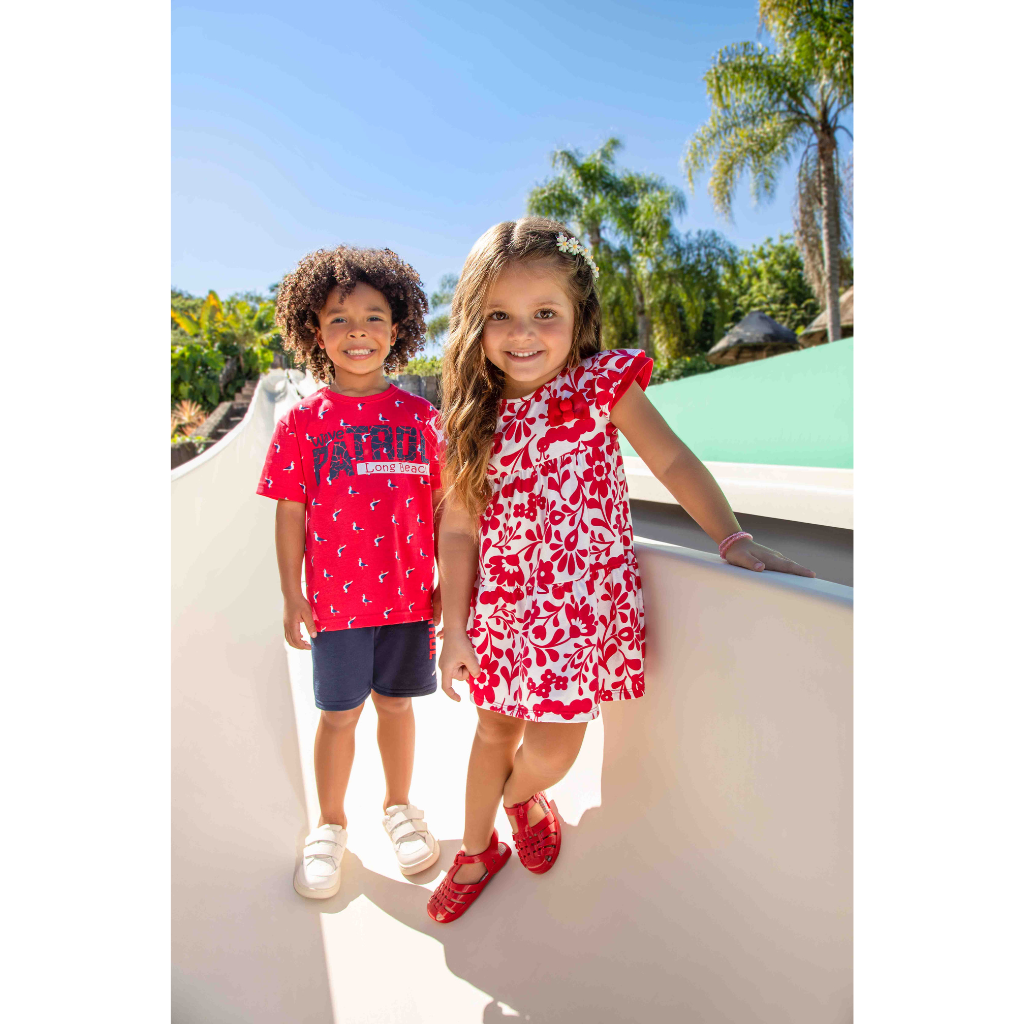 Kyly White and Red Flowers and Bow Ruffled Sleeves Dress