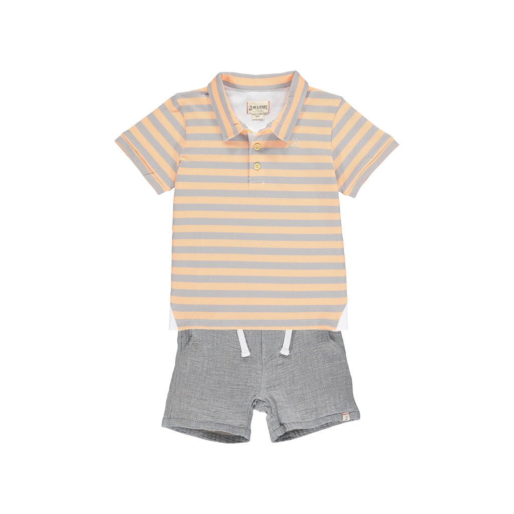 Me & Henry Blue Starboard Salmon/Grey Striped Pique Polo and Grey Crew Gauze Shorts