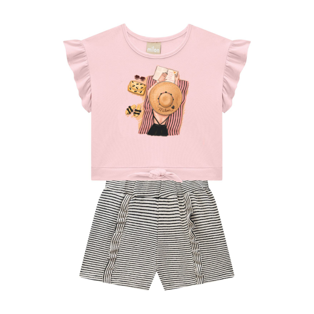 Milon Beach Day Ruffled Graphic T-Shirt and Ruffled Striped Shorts