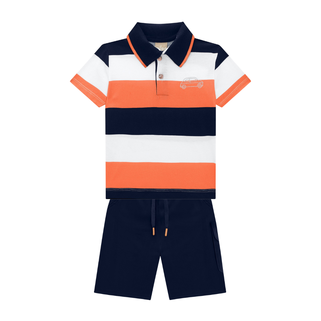 Milon Coral and Navy Striped Polo and Navy Twill Bermudas