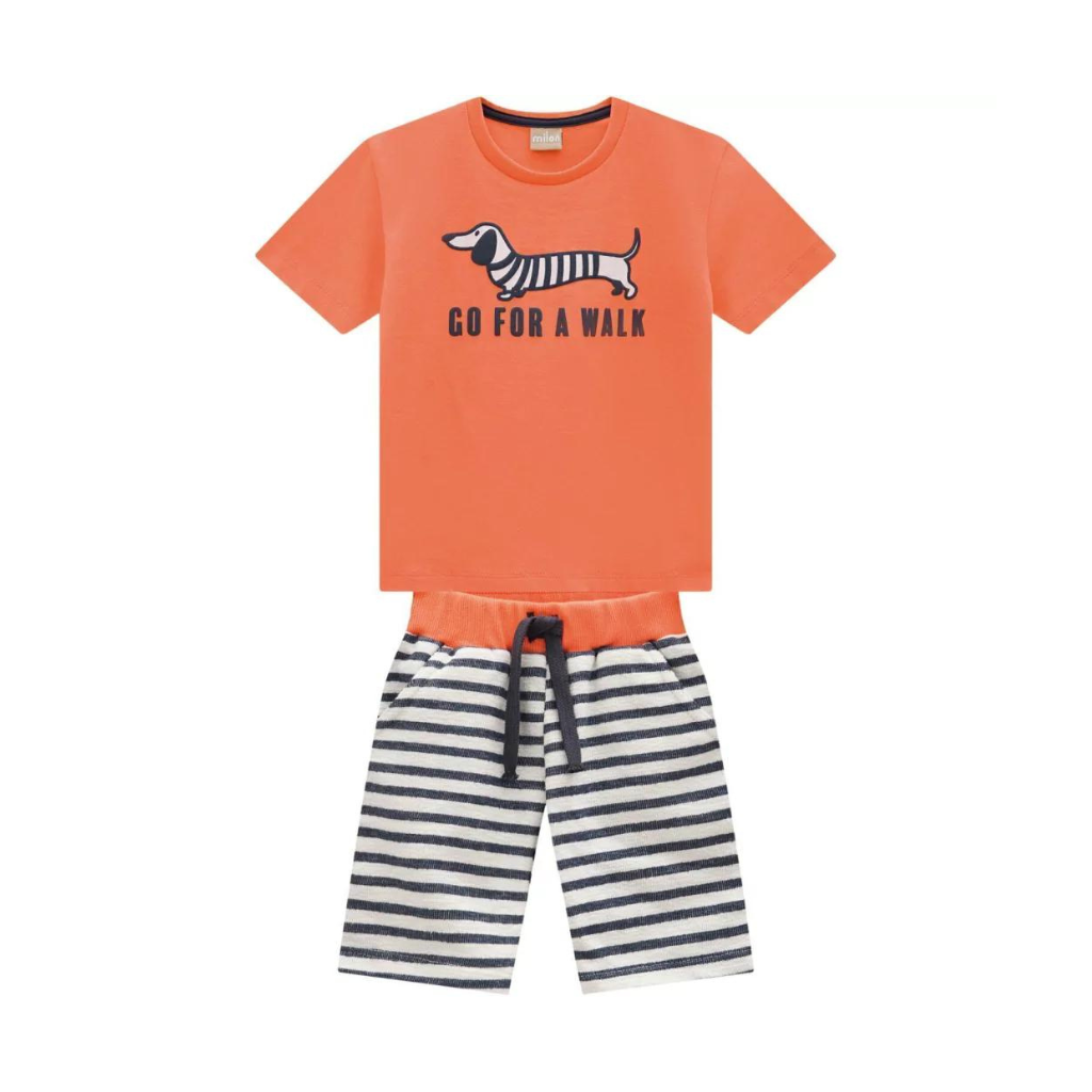 Milon Dachshund Go For A Walk Graphic T-Shirt and Striped Cotton Knitted Shorts