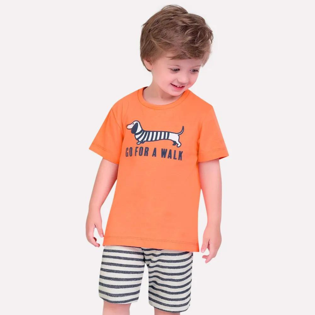 Milon Dachshund Go For A Walk Graphic T-Shirt and Striped Cotton Knitted Shorts