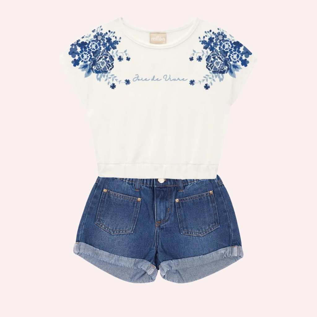Milon Off White Blue Flowers Crop-Top and Denim Shorts