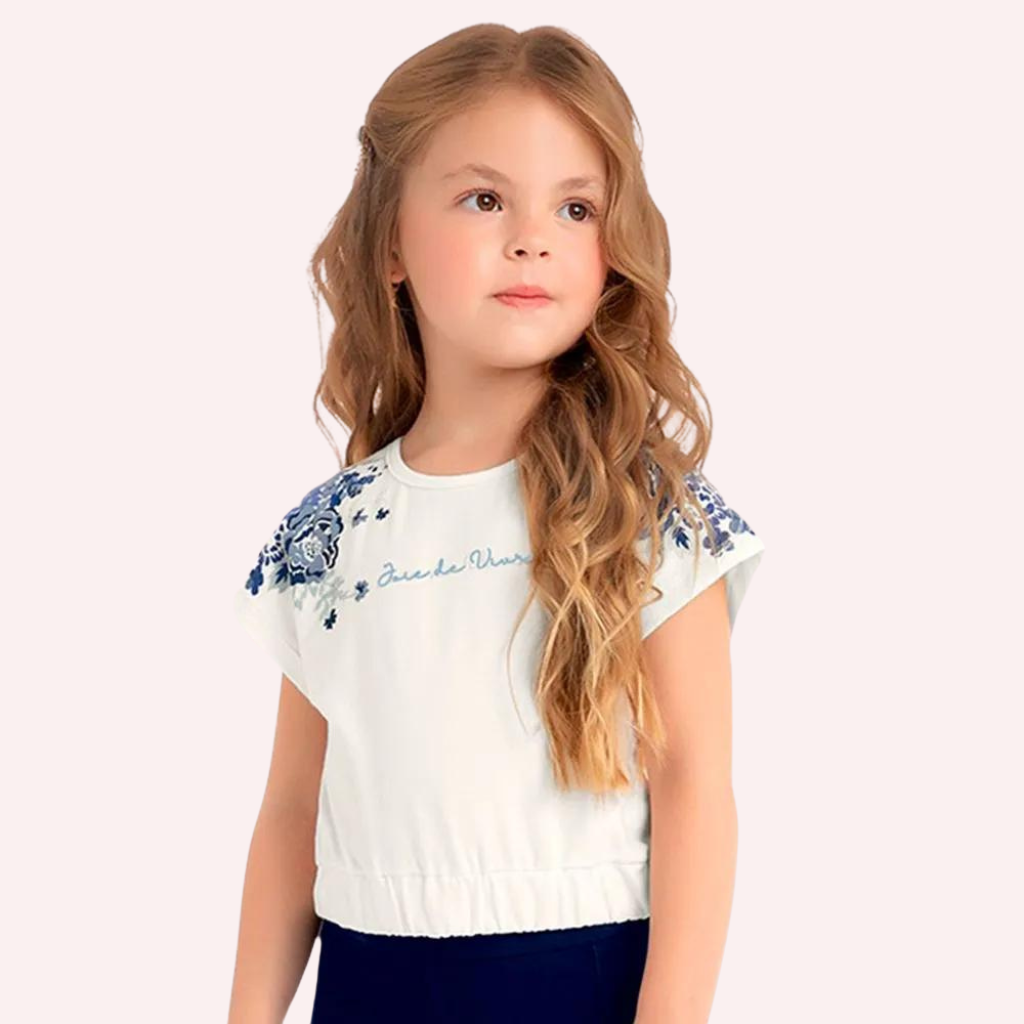 Milon Off White Blue Flowers Crop-Top and Denim Shorts