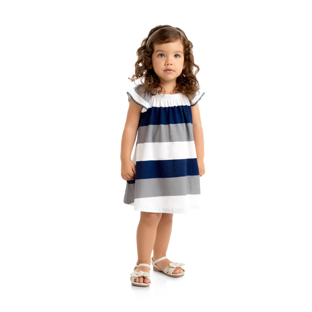 Milon White Blue and Coral Ruffled Sleeves Dress