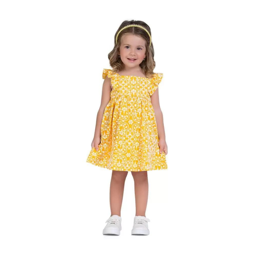 Milon Yellow Flowers and Hearts Ruffled Sleeves Dress
