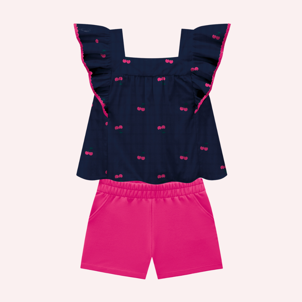 Nanai Blue Cherry Top and Pink Cotton Shorts
