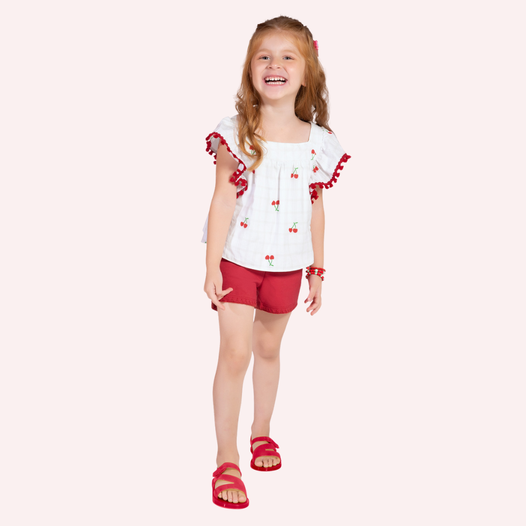Nanai Blue Cherry Top and Pink Cotton Shorts