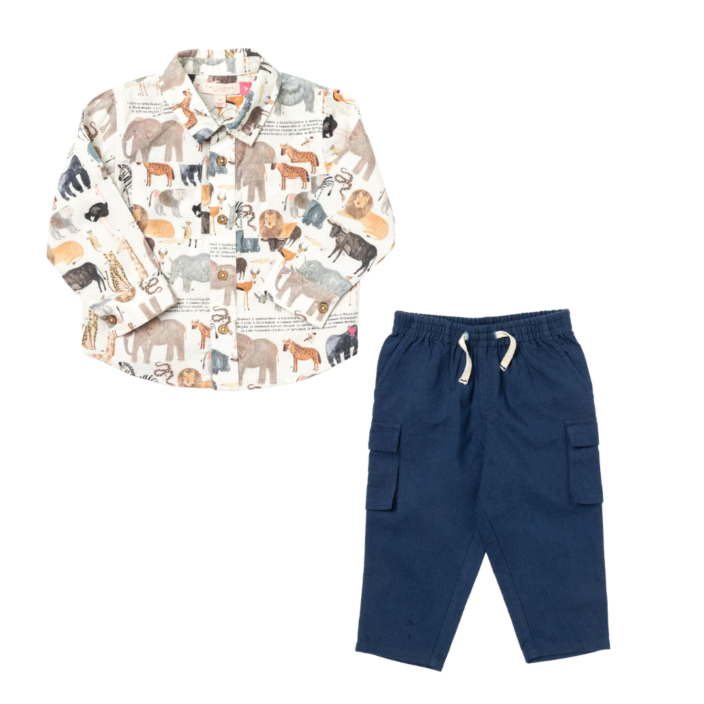 Pink Chicken Boys Jack Shirt - Animals of Africa and Pull-On Pant - Dress Blues
