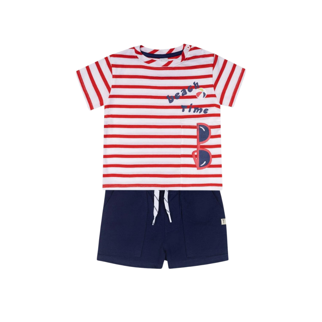 TucTuc Beach Day Red Striped T-Shirt and Navy Knitted Shorts