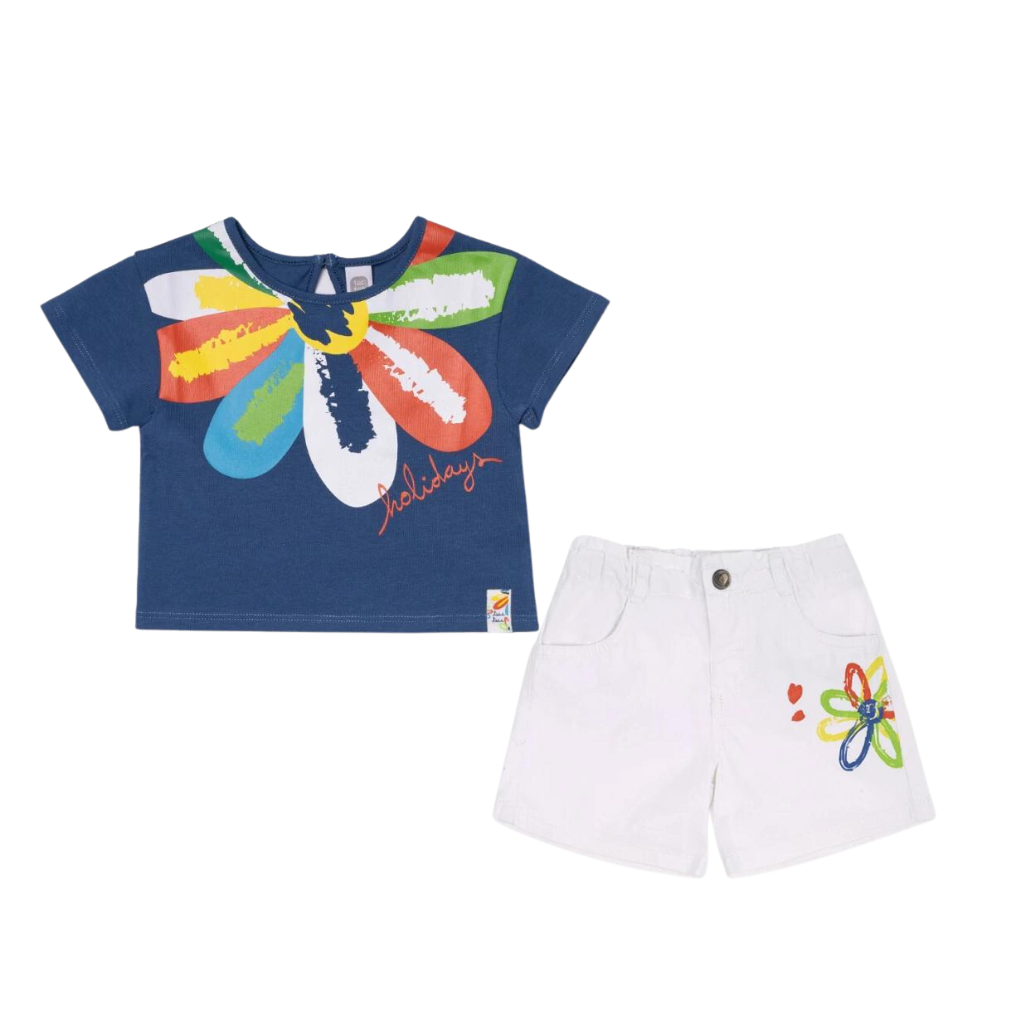 TucTuc Holidays Blue Knit T-Shirt and White Denim Shorts
