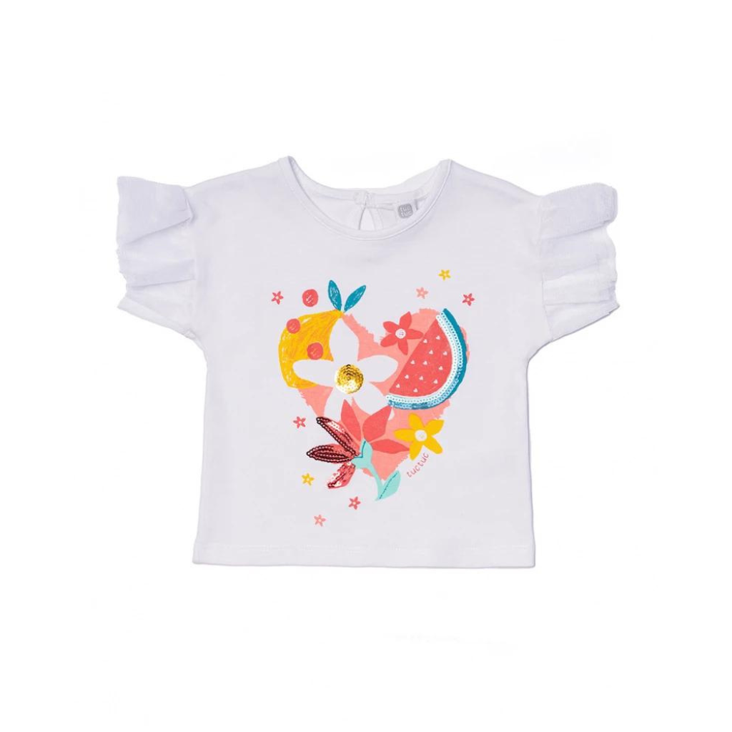 TucTuc Juicy White Knitted Ruffled T-Shirt and Red Crepe and Poplin Skirt