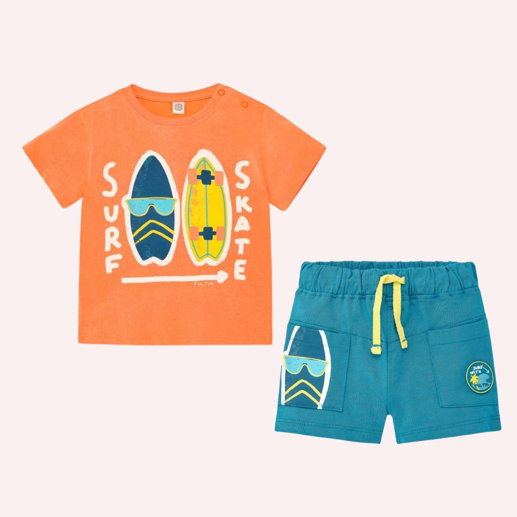 TucTuc Laguna Beach Orange Onit T-Shirt and Blue Knit Bermuda