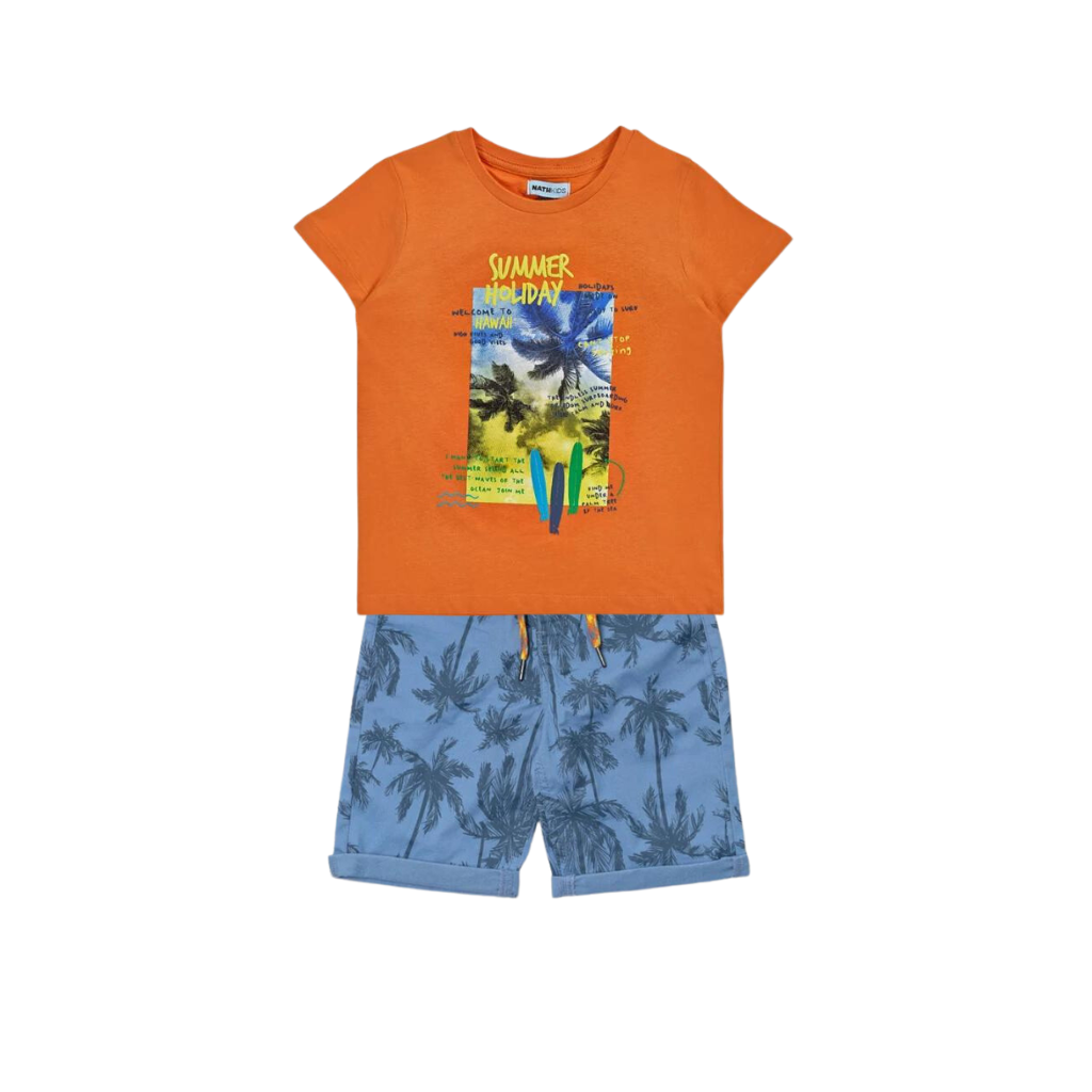TucTuc NK Beach Days Orange Printed T-Shirt and Printed Flat Bermuda