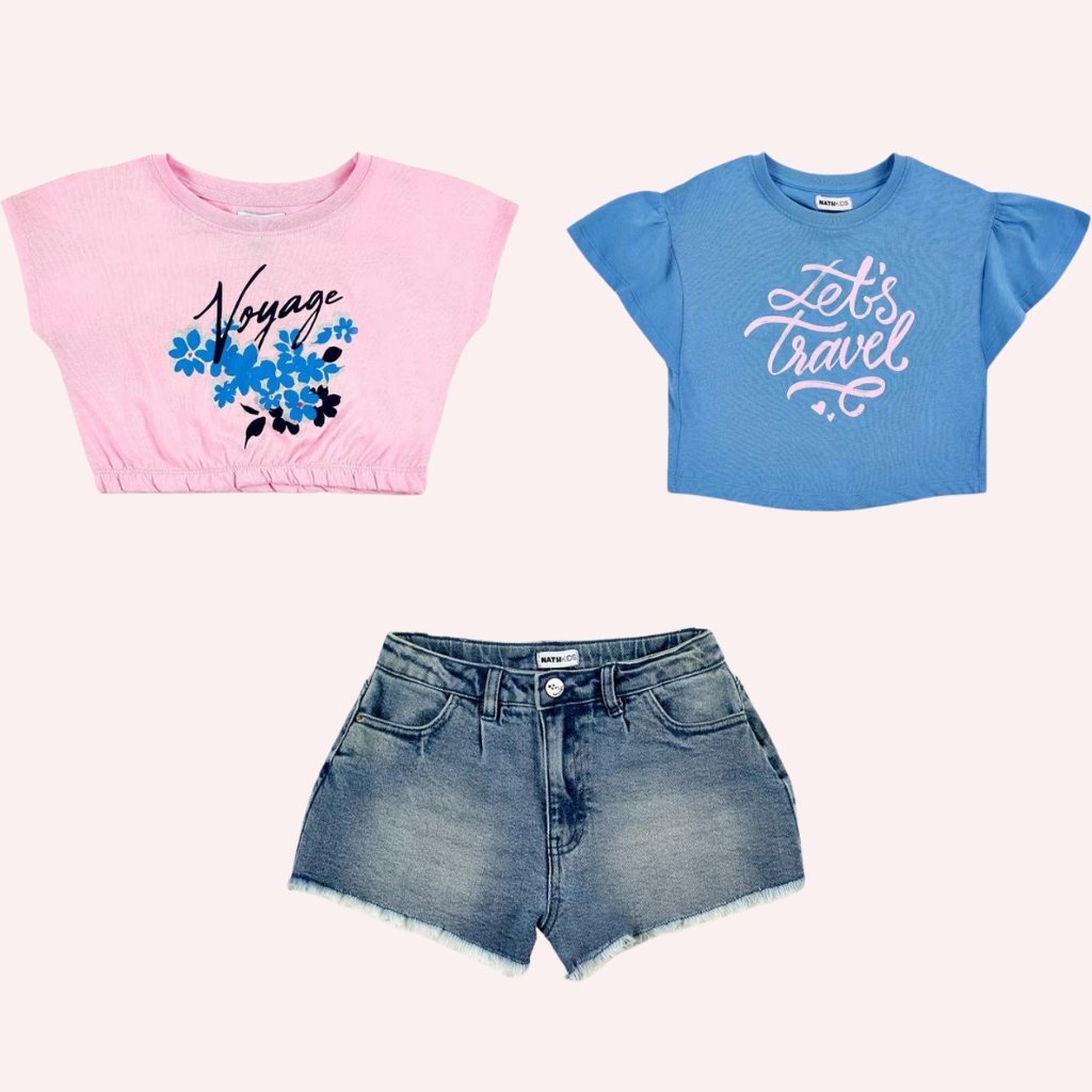 TucTuc NK Carnet De Voyage Pink and Blue Knit T-Shirts and Denim Shorts (3 Piece Set)C