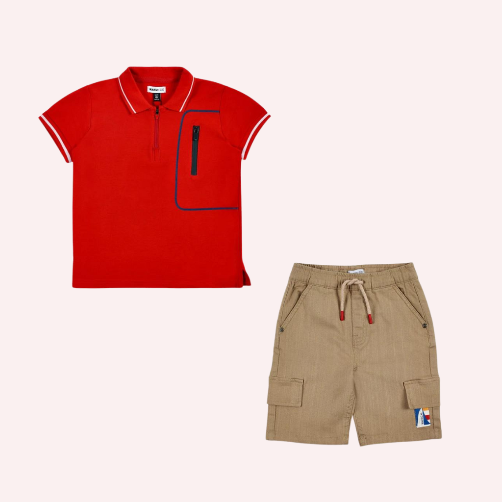 TucTuc NK Kayak Club Red Knit Polo and Beige Flat Bermuda Shorts