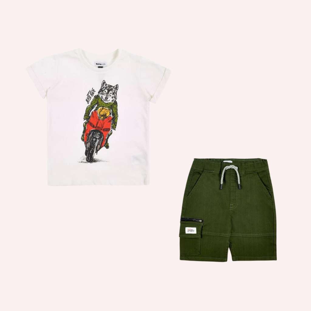 TucTuc NK My Plan To Escape White Tnit T-Shirt and Khaki Flat Cargo Shorts