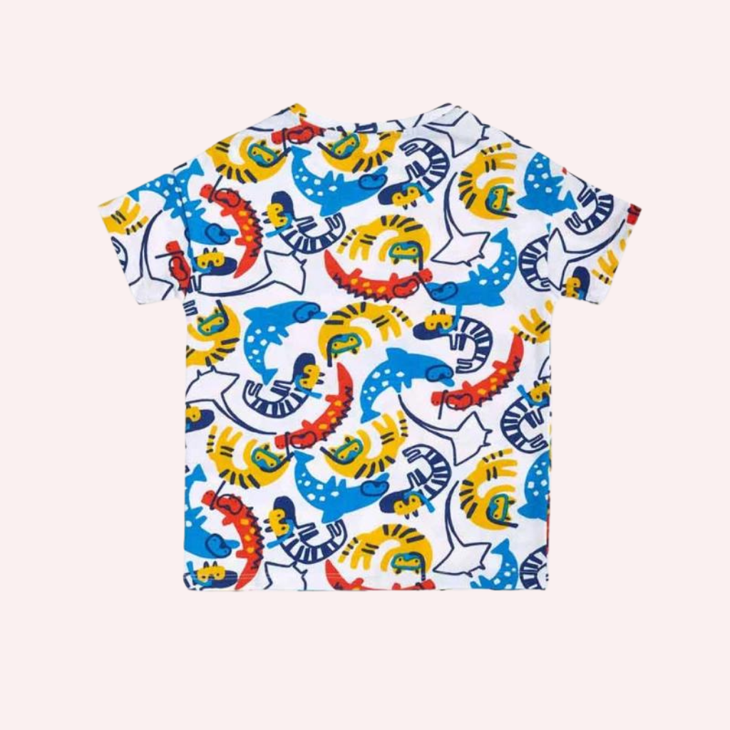 TucTuc Salty Air Printed White Knit T-Shirt and Blue Twill Pants