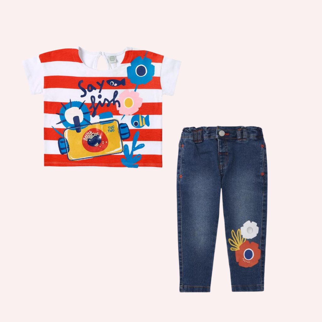 TucTuc Salty Air Red and White Knit T-Shirt and Blue Denim Pants