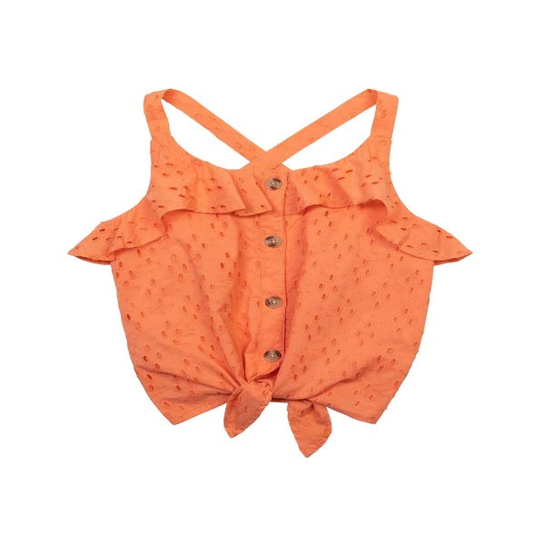 Minoti Orange Broiderie Frill Tie Front Top and Scalloped Hem Embroidered Shorts