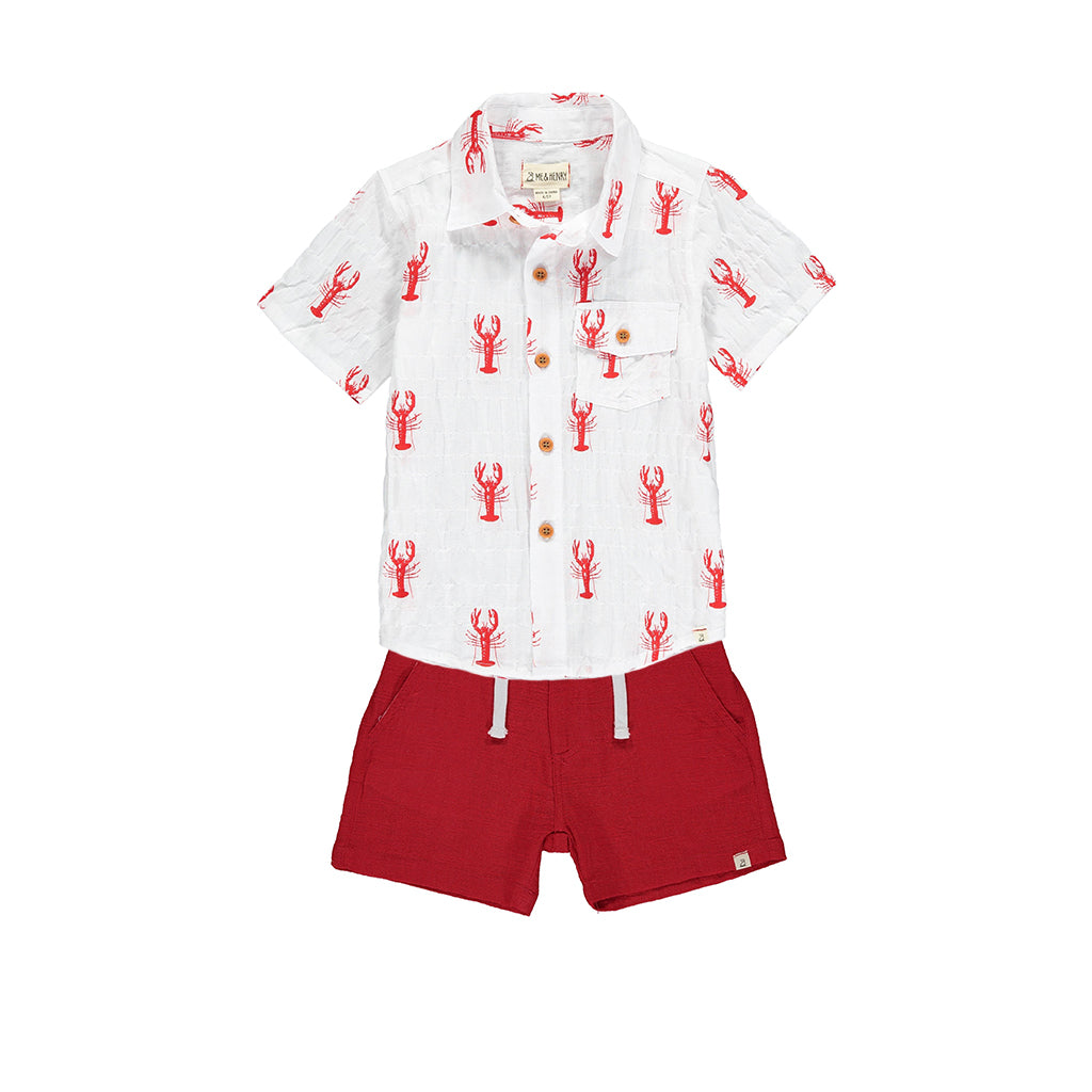 Me & Henry Camisa Manga Corta Blanca con Diseño Langosta y Patalon Gaza Rojo