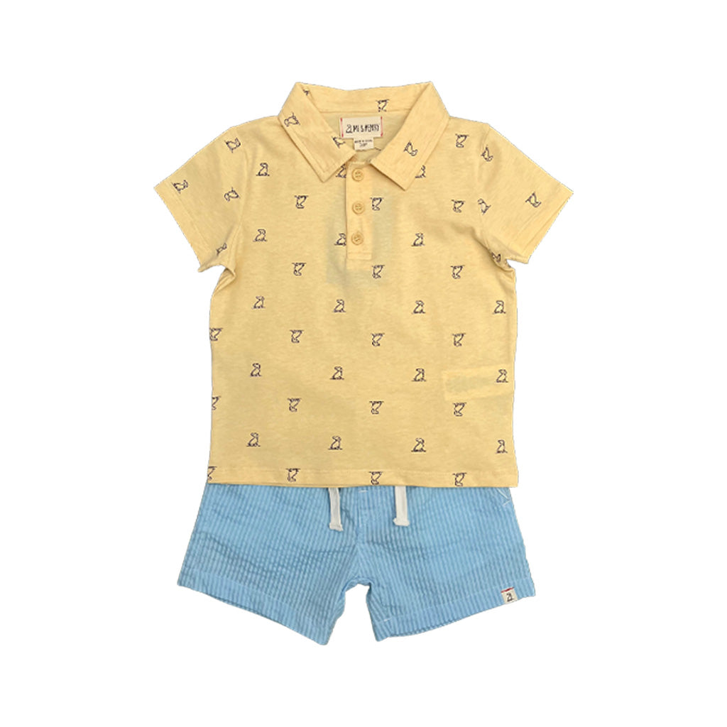 ME & Henry Polreath Yellow Henry Dog Print Polo with Aqua Seersucker Shorts