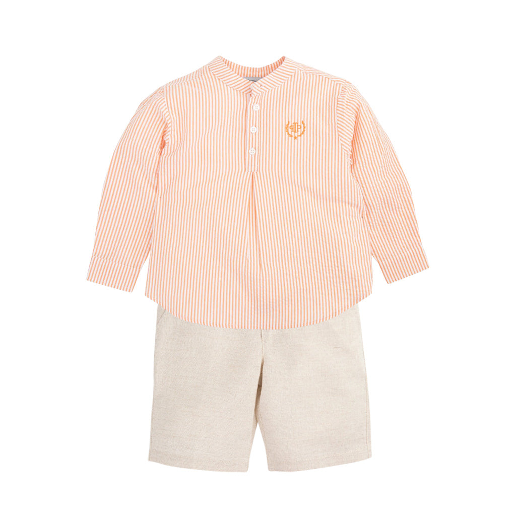 Tutto Piccolo Orange Stripes Long Sleeves Shirt and Sand Shorts