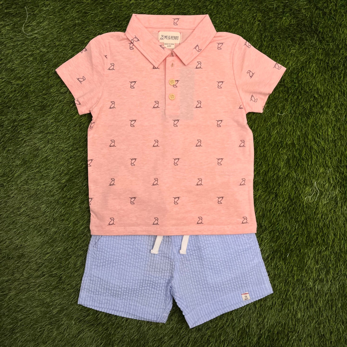 ME & Henry Polreath Salmon Henry Dog Print Polo with Blue Seersucker Shorts