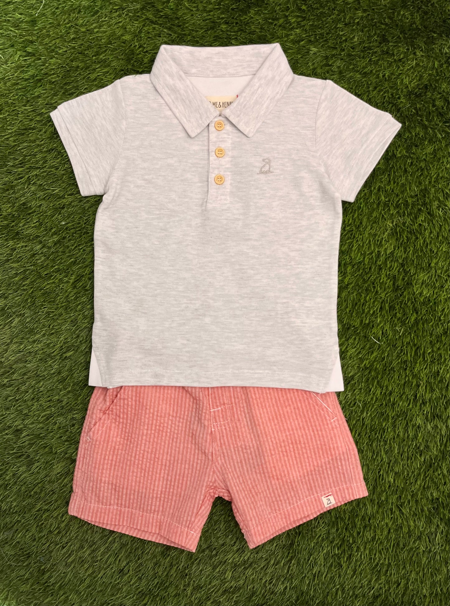 Me & Henry Grey Polo and Coral Seersucker Shorts