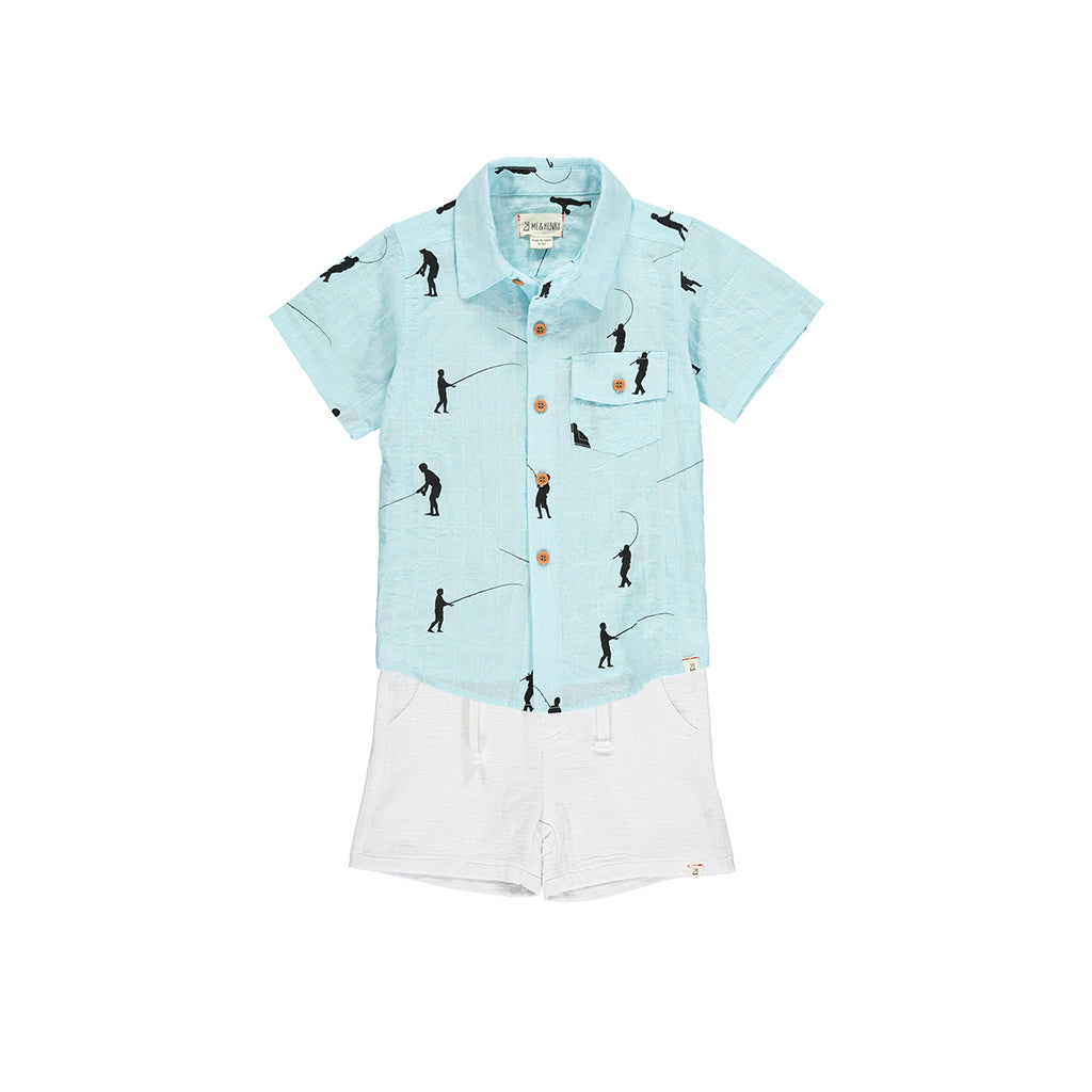 Me & Henry Camisa Manga Corta Aqua con Diseño Pescador y Pantalón Blanco en Gaza