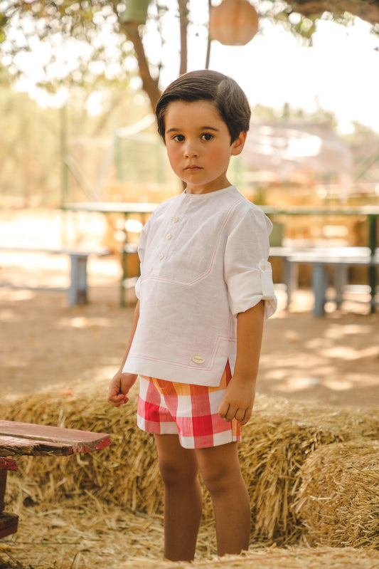 Cocote Baby & Kids Long Sleeves Shirt and Checkered Orange Red Shorts