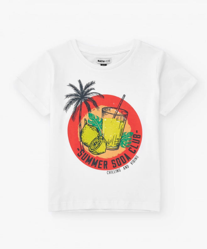 TucTuc NK Bar The Praia Camiseta para niño color blanco con estampado tropical Bañador para niño multicolor con estampado tropical y cintura elástica.