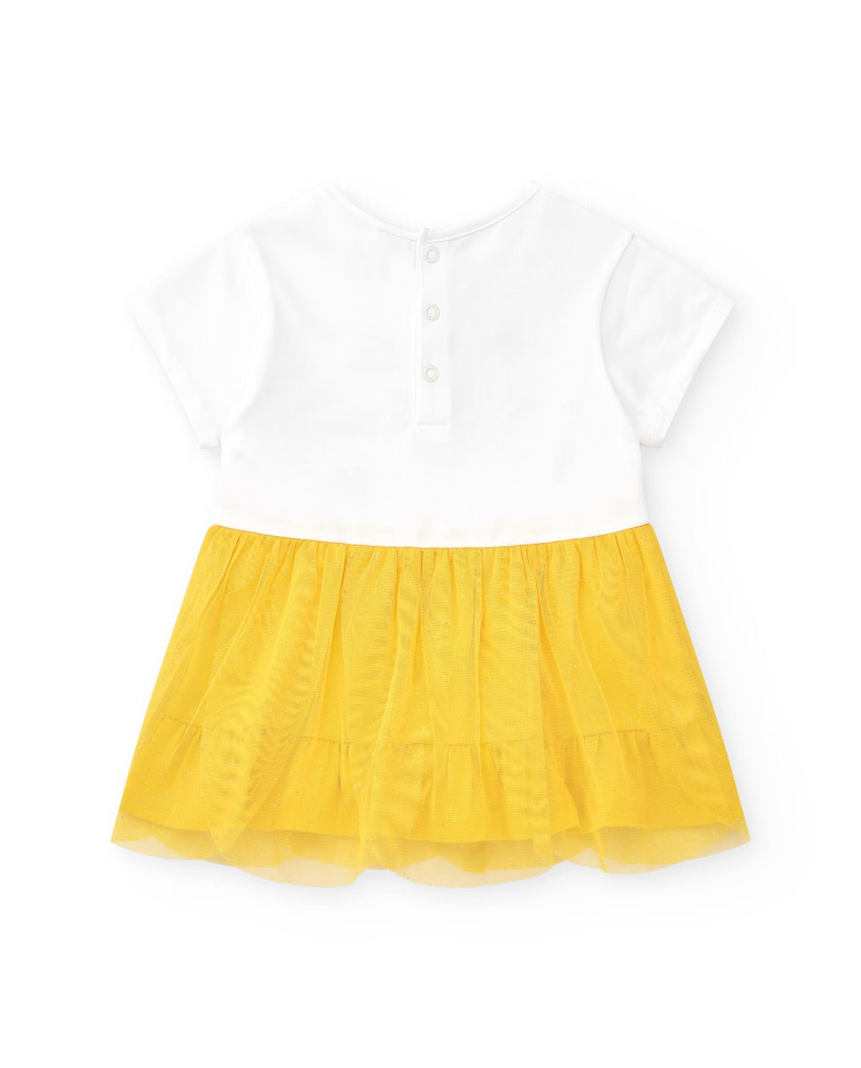 Tuc Tuc Vestido para niña en blanco y amarillo con flores y falda de tul. Colección: Hey Buddies
