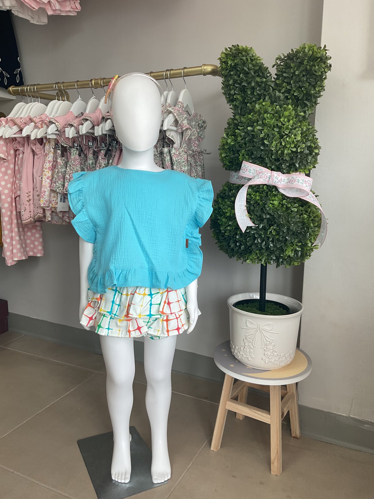 Cocote Conjunto Niña Blusa Turquesa y Falda Multicolor
